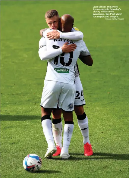  ?? Picture: Getty Images ?? Jake Bidwell and Andre Ayew celebrate Saturday’s victory at Wycombe Wanderers. See Post Match for a report and analysis.