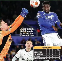  ?? ?? JUMP STAR: Ndidi heads in to put the Foxes 3-1 up