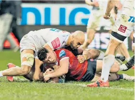  ??  ?? Powering over: Gloucester’s Charlie Chapman scores his side’s third try against Exeter