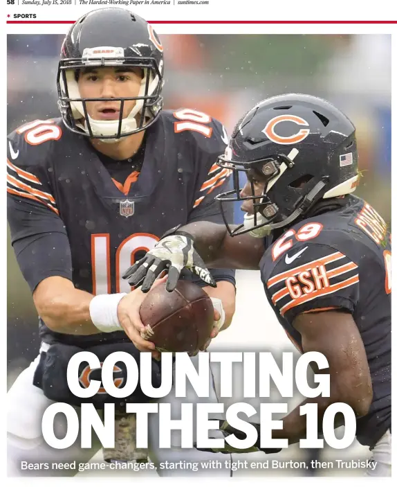  ?? STACY REVERE/GETTY IMAGES ?? Mitch Trubisky (left) won’t get everything right at QB in his second season, so it’s crucial that players such as Tarik Cohen (right) stand out.