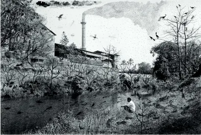  ??  ?? Gauri Gill et Rajesh Vangad. « Factory and River, from Fields of Sight ». 2014. Encre sur impression
d’archive. Ink on archival pigment print