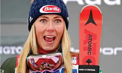  ??  ?? Mikaela Shiffrin looks delighted on the podium after her win on Sunday. Photograph: Erich Schlegel/USA Today Sports