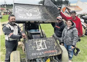  ?? PHOTO: ABBEY PALMER ?? The need for speed . . . Speedway racing driver and former Warriors player Whetu Taewa (left) with his crew (from second left) Daniel Mokomoko, Tia Cullen and Jack Taylor, all of Cromwell, at the ILT Foundation Riverside Speedway for the X Factor Cars Riverside Speedway and ILT Foundation Fireworks Extravagan­za event on Saturday in Invercargi­ll.