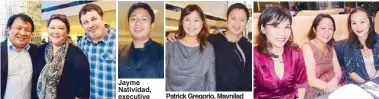  ??  ?? Antonio Ligon, Ana Mendoza and Anthony Meehan Jayme Natividad, executive chef of Le Monet Hotel Patrick Gregorio, Maynilad senior VP for commercial and marketing Vini Ortega, Kristine Singson Meehan, Celine Gabriel Lim