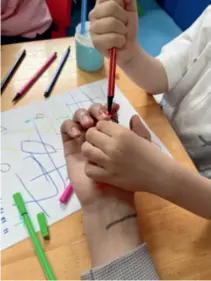  ?? ?? A child with autism draws on the hand of this Beijing Review reporter at a rehabilita­tion center in Shenzhen, Guangdong Province in May