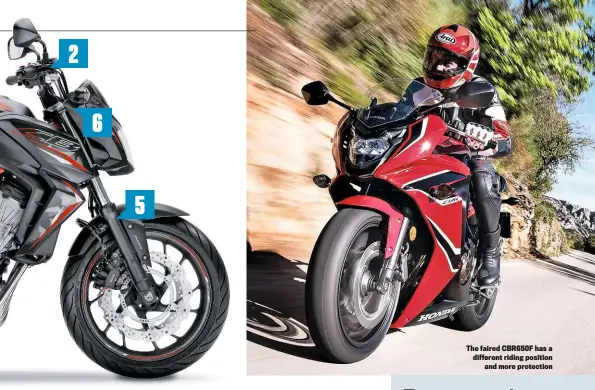  ??  ?? The faired CBR650F has a different riding position and more protection