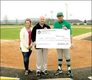  ?? SUBMITTED PHOTO ?? Donna (left) and Joey Sorters, of Prairie Grove, receive a check from Greenland High School baseball coach Will McGinnis in the amount of $3,174 raised to fight childhood cancer. Proceeds were from the second annual Jarren Sorters Memorial Baseball...