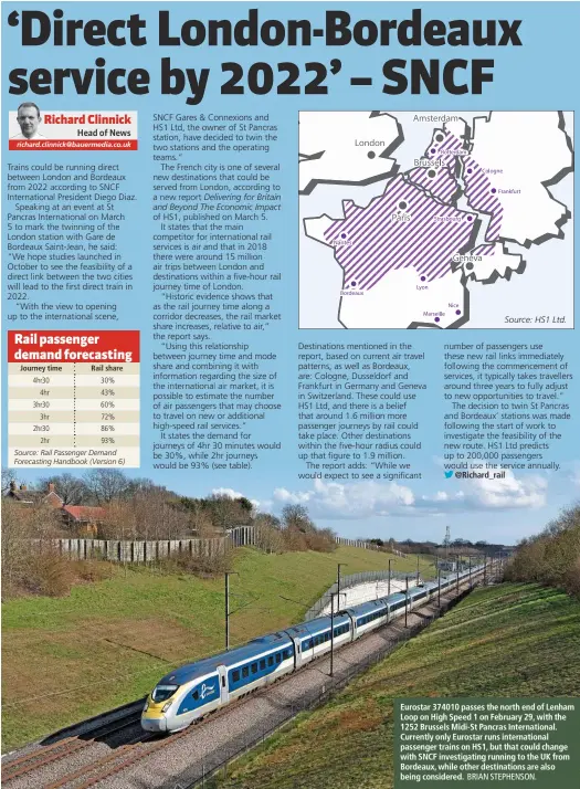  ?? BRIAN STEPHENSON. ?? Eurostar 374010 passes the north end of Lenham Loop on High Speed 1 on February 29, with the 1252 Brussels Midi-St Pancras Internatio­nal. Currently only Eurostar runs internatio­nal passenger trains on HS1, but that could change with SNCF investigat­ing running to the UK from Bordeaux, while other destinatio­ns are also being considered.