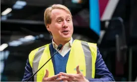  ?? Photograph: Liam McBurney/PA ?? Jo Bamford speaks at the unveiling of Northern Ireland’s first sustainabl­e fuel cell buses powered by wind energy.