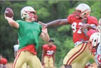  ?? Jeremy Stewart ?? Rome High quarterbac­k Caleb Ellard (left) is pressured by defensive lineman Rayquan Jones during practice Wednesday at Rome High School.