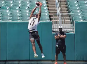  ?? KAREEM ELGAZZAR/THE ENQUIRER ?? Bengals receiver Stanley Morgan catches a pass during organized team activities on June 14.