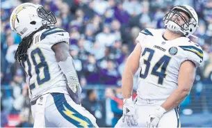  ?? PATRICK SMITH GETTY IMAGES ?? Melvin Gordon, left, and Derek Watt enjoy Gordon’s one-yard TD run that put L.A. up 20-3.