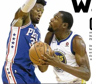  ?? —AP ?? Golden State Warriors’ Kevin Durant powers his way to the basket against Philadelph­ia 76ers’ Robert Covington
