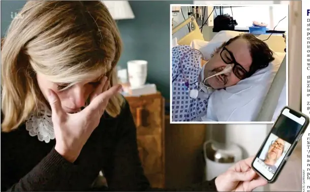  ??  ?? HEARTBREAK­ING: A tearful GMB presenter Kate Garraway during a video call with her critically ill husband Derek. Inset above: Derek in his hospital bed