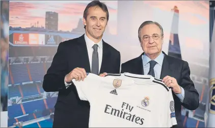  ?? FOTO: EFE ?? Lopetegui y Florentino, en la presentaci­ón del técnico. La RFEF avisó que no denunciarí­a al Madrid pero de hacerlo, lo tenía complicado