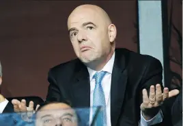  ?? PAVEL GOLOVKIN/THE ASSOCIATED PRESS ?? FIFA president Gianni Infantino gestures prior to the UEFA Super Cup final soccer match between Real Madrid and Atletico Madrid at the Lillekula Stadium in Tallinn, Estonia, on Wednesday.