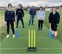  ??  ?? Tetbury Cricket Club social secretary Frankie Sharp, first team captain Alex Evans, chairman Paul Jones, ladies player Amy Moss and youth committee representa­tive Sam Tuley with the club’s new artificial wicket.