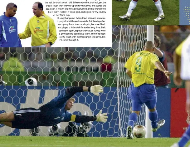  ??  ?? Anti-clockwise from
below Big Phil backed his man despite a lack of game time in 2002; Ronaldo’s redemption was complete thanks to a double in the final; savouring Brazil’s fifth World Cup victory with Gilberto Silva and (top) Rivaldo, who’d set up...