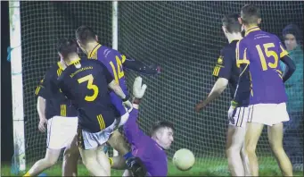  ??  ?? Danielius Niekis (14) scoring the second Geraldine O’Hanrahans goal in Friday’s Greenstar New Ross District Under-21 football Roinn 1 final win over Adamstown in Gusserane.