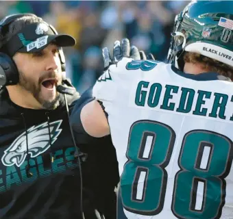  ?? BILL KOSTROUN/AP ?? Last season Dallas Goedert was second among Eagles receivers as he averaged 14.8 yards-per-catch. With 56 receptions, including four touchdown grabs he trailed only DeVonta Smith, who had 64 and five, respective­ly.