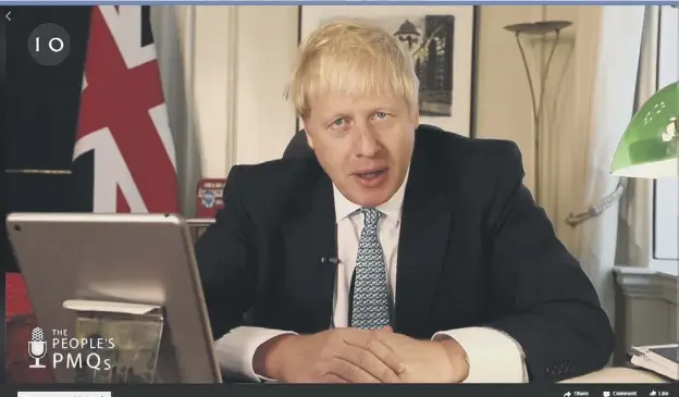  ??  ?? 0 Boris Johnson holds his first ‘People’s PMQS’ session from Downing Street yesterday during which he spoke of a collaborat­ion between Remainers and Europe