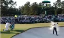  ?? Photograph: Mike Segar/Reuters ?? Hideki Matsuyama plays out from the bunker on to the 18th green at Augusta, to set up the clinching two putts.