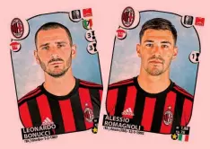  ??  ?? A sinistra Leonardo Bonucci, 30 anni, arrivato al Milan la scorsa estate dopo sette anni trascorsi alla Juventus . Alla sua destra c’è Alessio Romagnoli, 22 anni, che veste la maglia rossonera dalla stagione 2015-16 FIGURINE COLLEZIONI CALCIATORI PANINI 2017-2018