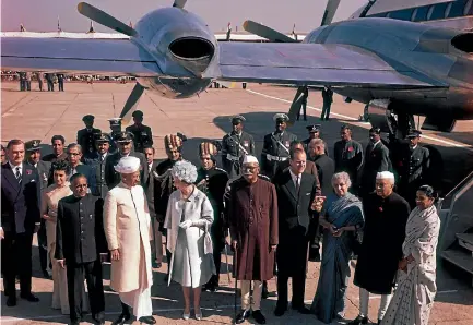  ?? PHOTO: GETTY IMAGES ?? Queen Elizabeth II and Prince Philip are greeted by President Rajendra Prasad of India on their arrival at Palam Airport in Delhi for the 1961 Royal tour of India.