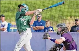  ?? James Franco / Special to the Times Union ?? Shenendeho­wa second basemen Nick Barrese takes a swing during the Class AA quarterfin­als against homestandi­ng CBA on Friday. Barrese scored the go-ahead run in the seventh inning, reaching on an infield single and eventually scoring on a double by David Gustafson.