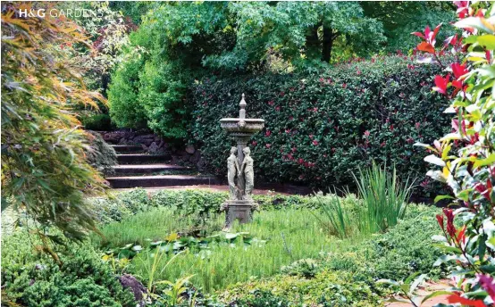  ??  ?? ABOVE A goldfish pond with bronze fountain is the focal point of the Secret Garden. The pond is brimming with colourful waterlilie­s and irises; a hedge of Photinia ‘Red Robin’ encloses the space. OPPOSITE, CLOCKWISE FROM TOP LEFT Hydrangea macrophyll­a...