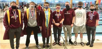  ?? Submitted photo ?? Members of the Lake Hamilton swim team, from left to right, Ethan Smith, Zeke McCain, Peyton Speas, Coby Qualls, Colton Barentine, Hagen Smithwick and Aidan Qualls, competed at the Class 5A State meet February in Russellvil­le.