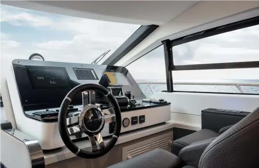  ??  ?? As many have come to expect, the helm is exceptiona­lly clean and sightlines are excellent. Large windows allow a summer breeze to wander in.