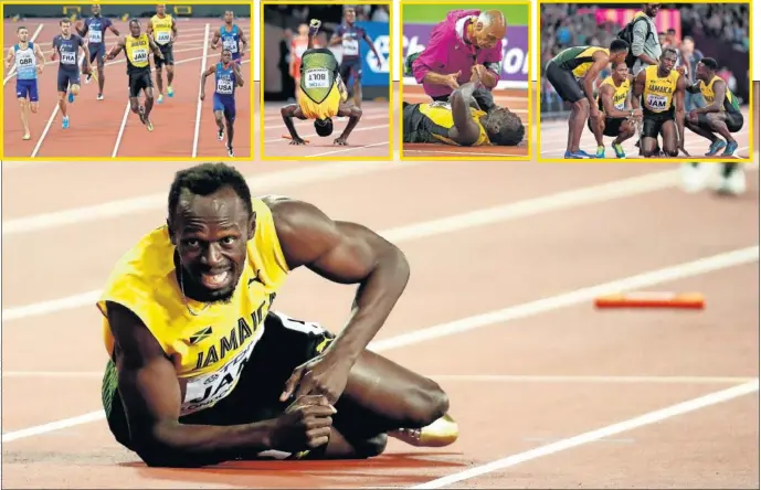  ??  ?? IMPOTENCIA. Bolt recogió el testigo, notó el pinchazo, dio una voltereta para no volver a apoyar la pierna dolorida y vio cómo todos les superaban en su última carrera.
