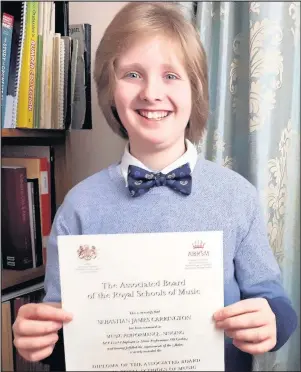  ??  ?? Sebastian Carrington, 12, from Hinckley, was just 11 when he took the DipABRSM exam in December 2017 and passed with distinctio­n. It is believed he is the youngest person in the world to have gained the profession­al music qualificat­ion