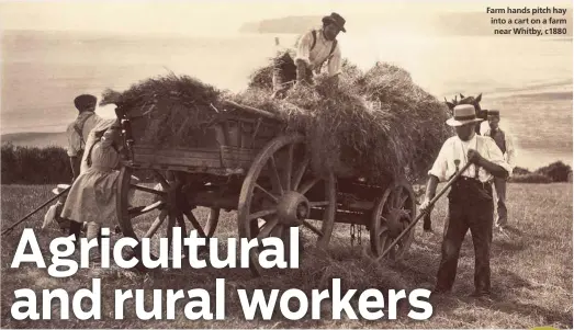  ??  ?? Farm hands pitch hay into a cart on a farm near Whitby, c1880