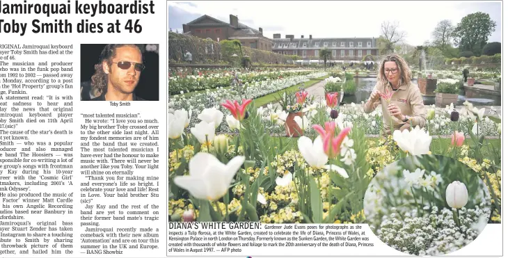  ??  ?? Toby Smith
Gardener Jude Evans poses for photograph­s as she inspects a Tulip florosa, at the White Garden, created to celebrate the life of Diana, Princess of Wales, at Kensington Palace in north London on Thursday. Formerly known as the Sunken...