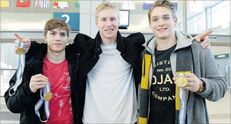  ?? — REGINA LEADER-POST FILES ?? Prospect Jake Virtanen, right, with Brayden Point, left, and Dillon Hetheringt­on, hopes to follow the lead of current Vancouver Canuck Bo Horvat.