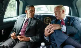  ??  ?? Barack Obama and Joe Biden ride together in the motorcade from the White House to sign the Dodd-Frank Wall Street Reform and Consumer Protection Act, July 2010. Photograph: Pete Souza/The White House