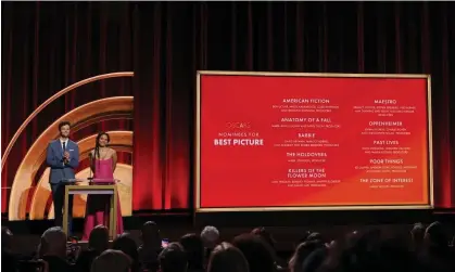  ?? Winter/Getty Images ?? Jack Quaid and Zazie Beetz presenting the nominees for best picture at the 96th Oscars nomination­s, 23 January 2024. Photograph: Kevin