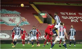  ??  ?? Semi Ajayi scores for West Bromwich Albion in the 82nd minute against Liverpool at Anfield. Photograph: Nick Potts/PA