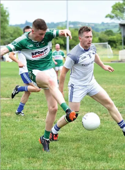  ?? Photo by Michelle Cooper Galvin ?? Ronan Buckley, Listry scoring a goal for his side chased by James Scanlon, Annascaul in the Kerry County Credit Union League at Listry on Sunday