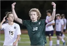  ?? PETE BANNAN - DAILY LOCAL NEWS ?? Bishop Shanahan’s Zane Domsohm reacts after scoring his third goal to lead the Eagles past Upper Perkiomen in a District 13A quarterfin­al Wednesday.