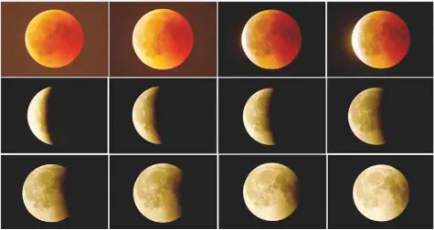  ??  ?? A combinatio­n photo shows the lunar eclipse from a blood moon (top L) back to full moon (bottom right) in the sky over Frankfurt, Germany. — Reuters