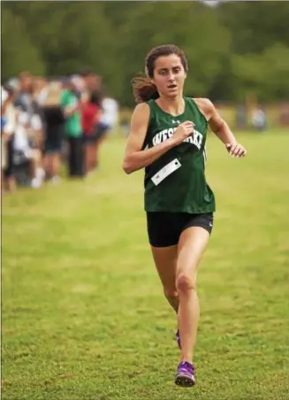  ?? JEN FORBUS — THE MORNING JOURNAL ?? Easily finishing first for the girls at the Southweste­rn Conference Preview cross country race Aug. 25 is Westlake senior Erica Francescon­i.