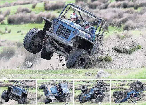  ?? PHOTOS: STEPHEN JAQUIERY ?? Over and out . . . Sam Henderson (driving) and Sam Flett from Scotts Gap, near Oamaru, take a tumble during a speed event at the Southern Trailblaze­rs 4WD Club Landslip Rally in Pukerau yesterday.