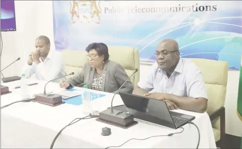  ??  ?? The panel at the Telecommun­ications press conference yesterday. From left are telecommun­ications consultant Andre Griffith, Minister Cathy Hughes and Chairman of the National Data Management Authority Floyd Levi.