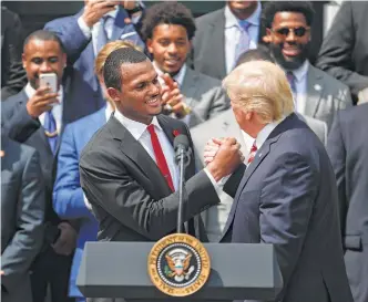  ?? Pablo Martinez Monsivais / Associated Press ?? New Texans QB Deshaun Watson got a high-profile endorsemen­t from President Donald Trump during the White Housc ceremony to honor Clemson’s national champions.