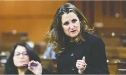  ?? SEAN KILPATRICK / THE CANADIAN PRESS ?? Finance Minister Chrystia Freeland and the Liberals are banking on electoral credit for vast hikes in program spending, while evading accountabi­lity on rising debt.