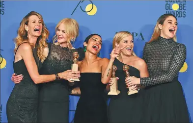  ?? JORDAN STRAUSS / INVISION VIA ASSOCIATED PRESS ?? From left: Laura Dern, Nicole Kidman, Zoe Kravitz, Reese Witherspoo­n and Shailene Woodley pose in the press room with the award for best television limited series or motion picture made for television for Big Little Lies at the 75th annual Golden Globe...