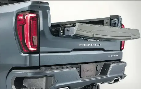  ?? GMC ?? The 2019 GMC Sierra Denali MultiPro tailgate has six different special functions, including an inner gate that can be configured as a work surface.